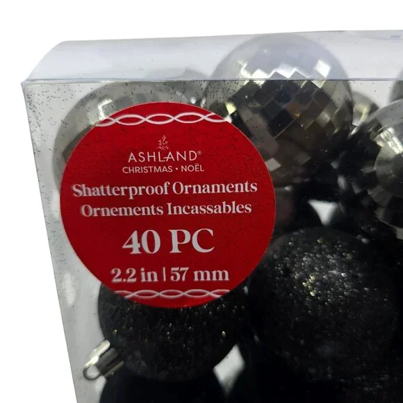 40 pc Black & Silver Shatterproof Ornaments - Picture 5 of 5